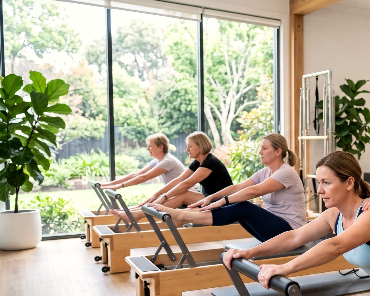 Sala de Pilates com luz natural e pacientes em atendimento